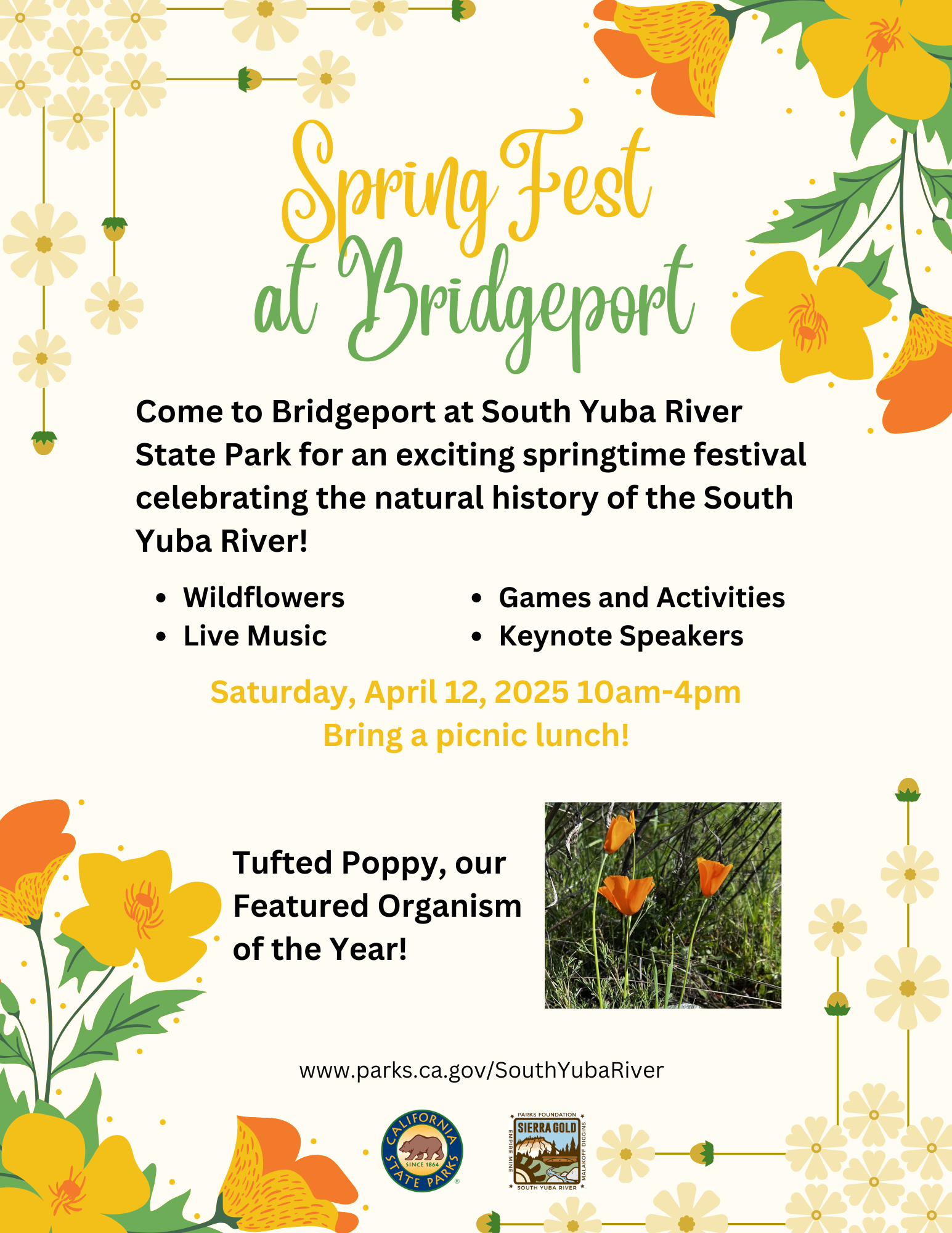 Flyer with details about SpringFest at Bridgeport 2025. April 12, 2025, 10am-4pm. Live music, keynote speakers, childrens' activities, etc.